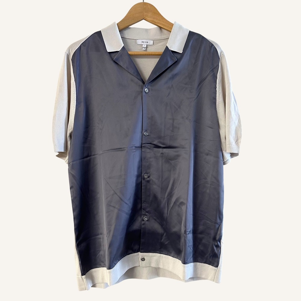 NWOT Reiss Men L Knit Camp Collar Shirt Satin Panel Dark Light Grey Short Sleeve